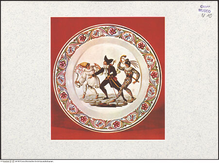 Vorderseite von unbekannt [https://www.deutsche-digitale-bibliothek.de/content/lizenzen/rv-ez/] Teller mit Pulcinella, Doktor und Harlekin - Gesamtansicht, bh418015_recto. Foto.