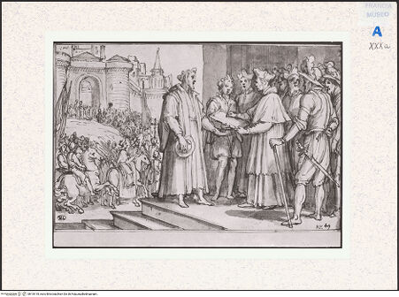 Vorderseite von Réunion des Musées Nationaux [https://www.deutsche-digitale-bibliothek.de/content/lizenzen/rv-ez/] Ein Kardinal unterzeichnet die Kapitulation seiner Stadt - , bh418118_recto. Foto.