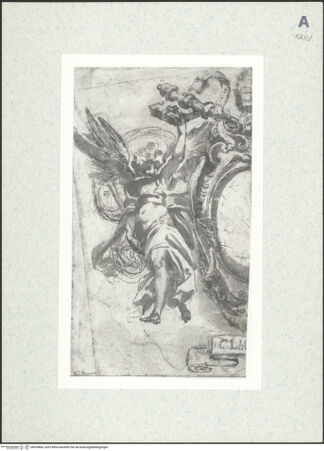 Vorderseite von Staatliche Graphische Sammlung München [https://www.deutsche-digitale-bibliothek.de/content/lizenzen/rv-ez/] Rechte Hälfte einer Kartusche mit Rollwerk (Entwurf für die Fresken in der Sala Clementina, Vatikan) - , bh418804_recto. Foto.