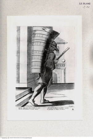 Vorderseite von Staatsgalerie [http://creativecommons.org/publicdomain/mark/1.0/] "L'arti per via disegnate et offerte dal Sig. Gioseppe M.a Mittelli al Grande et Alto Nettuno Gigante Sig. della Piazza di Bologna"Bl. 4: Der Weinschlepper; "Il mio tergo non mai curvato in arco..." - , bh420074. Foto.