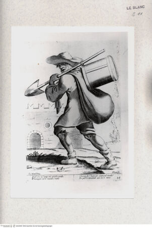 Vorderseite von Staatsgalerie [http://creativecommons.org/publicdomain/mark/1.0/] "L'arti per via disegnate et offerte dal Sig. Gioseppe M.a Mittelli al Grande et Alto Nettuno Gigante Sig. della Piazza di Bologna"Bl. 38: Der Hühnermistverkäufer; "Quel. ch'e su l'tergo mio picciolo pondo..." - , bh420081. Foto.