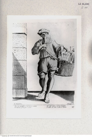 Vorderseite von Staatsgalerie [http://creativecommons.org/publicdomain/mark/1.0/] "L'arti per via disegnate et offerte dal Sig. Gioseppe M.a Mittelli al Grande et Alto Nettuno Gigante Sig. della Piazza di Bologna"Bl. 26: Der Fächerverkäufer; "Ecco un ventaglio o Zerbinotto..." - , bh420082. Foto.