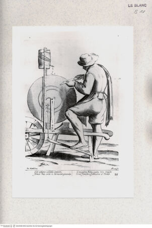 Vorderseite von Staatsgalerie [http://creativecommons.org/publicdomain/mark/1.0/] "L'arti per via disegnate et offerte dal Sig. Gioseppe M.a Mittelli al Grande et Alto Nettuno Gigante Sig. della Piazza di Bologna"Bl. 28: Der Schleifer; "Con ordigno volubile preparo..." - , bh420086. Foto.