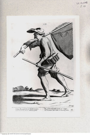 Vorderseite von Staatsgalerie [http://creativecommons.org/publicdomain/mark/1.0/] "L'arti per via disegnate et offerte dal Sig. Gioseppe M.a Mittelli al Grande et Alto Nettuno Gigante Sig. della Piazza di Bologna"Bl. 17: Der Fischer; "Costui, che p.pescare al mondo nacque..." - , bh420087. Foto.