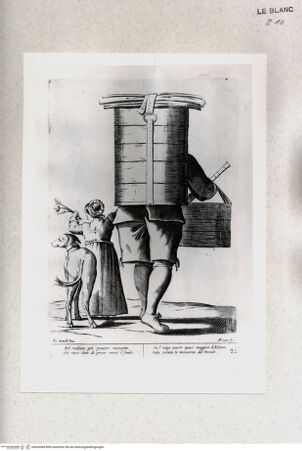 Vorderseite von Staatsgalerie [http://creativecommons.org/publicdomain/mark/1.0/] "L'arti per via disegnate et offerte dal Sig. Gioseppe M.a Mittelli al Grande et Alto Nettuno Gigante Sig. della Piazza di Bologna"Bl. 22: Der fliegende Händler; "Nol crediate gia povero mercante..." - , bh420088. Foto.