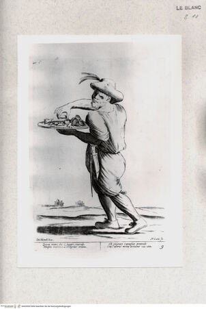 Vorderseite von Staatsgalerie [http://creativecommons.org/publicdomain/mark/1.0/] "L'arti per via disegnate et offerte dal Sig. Gioseppe M.a Mittelli al Grande et Alto Nettuno Gigante Sig. della Piazza di Bologna"Bl. 9: Der Verkäufer von Hühnerleber und -köpfen; "Questa mano, che il fegato rivende..." - , bh420092. Foto.