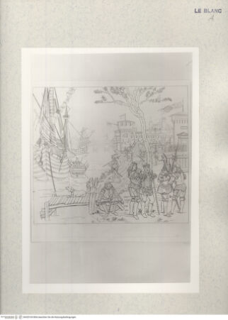 Vorderseite von Staatsgalerie [http://creativecommons.org/publicdomain/mark/1.0/] Rittergruppe vor einer Stadt am Fluss (in Umrissen) - , bh420169. Foto.