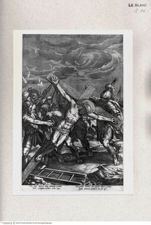 Vorderseite von Staatsgalerie [http://creativecommons.org/publicdomain/mark/1.0/] "Tam leve miraris..."; Kreuzaufrichtung (aus der Serie der Leiden Christi, 8 (?) Blatt + Titelblatt) - , bh420190. Foto.