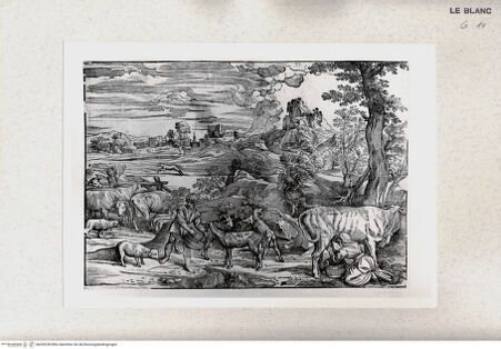 Vorderseite von Staatsgalerie [http://creativecommons.org/publicdomain/mark/1.0/] Landschaft mit einer Frau, die eine Kuh melkt (Holzschnitt) - , bh420238. Foto.