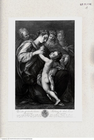 Vorderseite von Staatsgalerie Stuttgart [http://creativecommons.org/publicdomain/mark/1.0/] Recueil d'Estampes d'après les plus célèbres tableaux de la Galerie Royale de Dresde. I. Volume. Contenant cinquante pieces avec une description de chaque tableau en francois et en italien. ... Imprimé a Dresde M.DCC.LIII.Tafel 17: Heilige Familie - , bh420933. Foto.