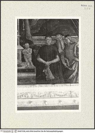 Vorderseite von Bibliotheca Hertziana [https://www.deutsche-digitale-bibliothek.de/content/lizenzen/rv-fz/] Wand- und Deckendekoration der Sala delle Scienze e delle Arti LiberaliPersonifikation der Rhetorik - Detail, bh421226_recto. Foto.