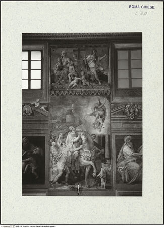 Vorderseite von ICCD [https://www.deutsche-digitale-bibliothek.de/content/lizenzen/rv-ez/] Szenen aus der Geschichte des heiligen Kreuzes und des OratoriumsEin Engel erscheint Kaiser Heraclius beim Einzug nach Jerusalem - gesamt mit Bekrönung; nach der Restaurierung 1963-1964, bh421426_recto. Foto.