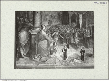 Vorderseite von ICCD [https://www.deutsche-digitale-bibliothek.de/content/lizenzen/rv-ez/] Szenen aus der Geschichte des heiligen Kreuzes und des OratoriumsKreuzesprozession zur Pestepidemie 1522 - Detail; nach der Restaurierung von 1963-64, bh421429_recto. Foto.