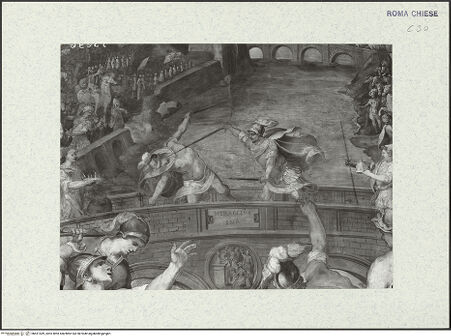 Vorderseite von ICCD [https://www.deutsche-digitale-bibliothek.de/content/lizenzen/rv-ez/] Szenen aus der Geschichte des heiligen Kreuzes und des OratoriumsDuell zwischen Heraclius und Chosrau - Detail; nach der Restaurierung von 1963-64, bh421439_recto. Foto.