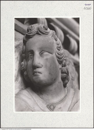 Vorderseite von Foto Marburg [https://www.deutsche-digitale-bibliothek.de/content/lizenzen/rv-ez/] Grabmal des Karl von Kalabrien - Rechter Engel, Detail: Kopf (vor 1943), bh422086_recto. Foto.