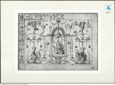 Vorderseite von Réunion des Musées Nationaux [https://www.deutsche-digitale-bibliothek.de/content/lizenzen/rv-ez/] Entwurf für eine Wanddekoration mit Grotesken und Merkur - , bh422945_recto. Foto.