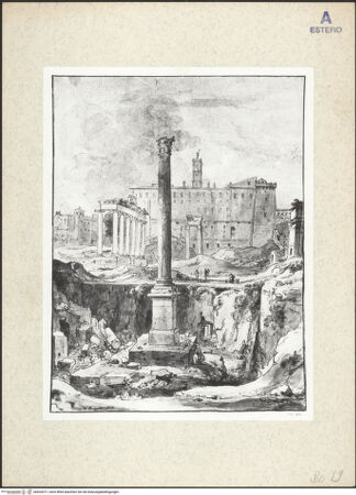 Vorderseite von Istituto Nazionale per la Grafica? [https://rightsstatements.org/page/CNE/1.0/] Ansicht der Säule des Phokas auf dem Forum Romanum mit freigelegtem Sockel - , bh424377_recto. Foto.