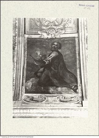 Vorderseite von Museo Nazionale di Castel Sant'Angelo [https://www.deutsche-digitale-bibliothek.de/content/lizenzen/rv-ez/] Deckengemälde mit Gottvater und Maria mit dem Kind umgeben von Bildfeldern mit Heiligen, Seligen und EvangelistenDer Evangelist Lukas - , bh425795_recto. Foto.