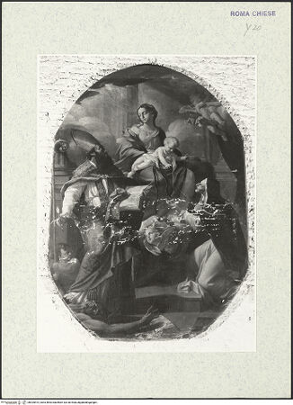 Vorderseite von Musei nazionale di Castel S. Angelo [https://www.deutsche-digitale-bibliothek.de/content/lizenzen/rv-ez/] Die Madonna mit den Heiligen Augustinus und Monika - Gesamtansicht (im ovalen Format), bh425814_recto. Foto.