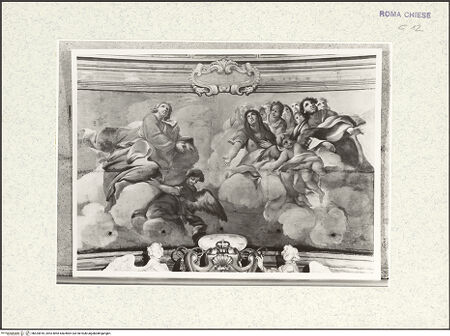 Vorderseite von Museo Nazionale di Castel Sant'Angelo [https://www.deutsche-digitale-bibliothek.de/content/lizenzen/rv-ez/] Deckengemälde mit Gottvater und Maria mit dem Kind umgeben von Bildfeldern mit Heiligen, Seligen und EvangelistenWeibliche Heilige - , bh425818_recto. Foto.