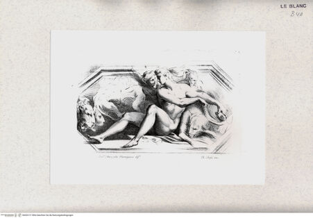 Vorderseite von Bibliotheca Hertziana [http://creativecommons.org/publicdomain/mark/1.0/] Raccolta di disegni originali di Fra.co Mazzola detto il Parmigianino tolti dal gabinetto di Sua Eccellenza il Sig.re Conte Alessandro Sanvitale(Tav. 23) Daniel zwischen den Löwen in der Grube, dahinter der Engel, der Habakuk an seinen Haaren zieht - , bh426121. Foto.