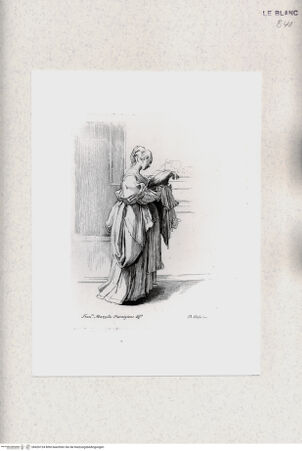 Vorderseite von Bibliotheca Hertziana [http://creativecommons.org/publicdomain/mark/1.0/] Raccolta di disegni originali di Fra.co Mazzola detto il Parmigianino tolti dal gabinetto di Sua Eccellenza il Sig.re Conte Alessandro Sanvitale(Tav. 18) Profilansicht einer stehenden jungen Dame in reicher Gewandung, die ein Kissen vor sich hält und beschaut - , bh426124. Foto.