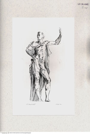 Vorderseite von Bibliotheca Hertziana [http://creativecommons.org/publicdomain/mark/1.0/] Raccolta di disegni originali di Fra.co Mazzola detto il Parmigianino tolti dal gabinetto di Sua Eccellenza il Sig.re Conte Alessandro Sanvitale(Tav. 17) Männlicher Akt mit erhobenem linken Arm - , bh426129. Foto.