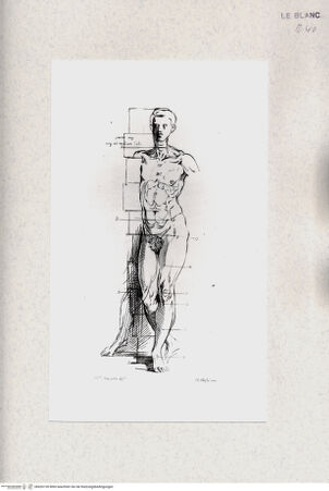 Vorderseite von Bibliotheca Hertziana [http://creativecommons.org/publicdomain/mark/1.0/] Raccolta di disegni originali di Fra.co Mazzola detto il Parmigianino tolti dal gabinetto di Sua Eccellenza il Sig.re Conte Alessandro Sanvitale(Tav. 12) Studie eines männlichen Aktes mit Messungen - , bh426130. Foto.