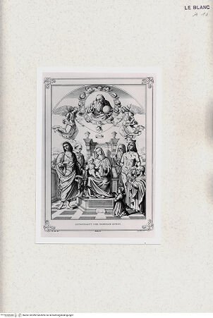 Vorderseite von Niedersächsische Staats- und Universitätsbibliothek, Göttingen [http://creativecommons.org/publicdomain/mark/1.0/] Rafael von Urbino und sein Vater Giovanni SantiMaria und Kind auf dem Thron mit Heiligen (Altarblatt der Familie Buffi) (aus: J.D. Passavant, Rafael, 1839) - , bh426138. Foto.