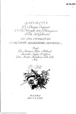 Vorderseite von Bibliotheca Hertziana [http://creativecommons.org/publicdomain/mark/1.0/] Raccolta di disegni originali di Fra.co Mazzola detto il Parmigianino tolti dal gabinetto di Sua Eccellenza il Sig.re Conte Alessandro SanvitaleFrontispiz - , bh426177x. Foto.