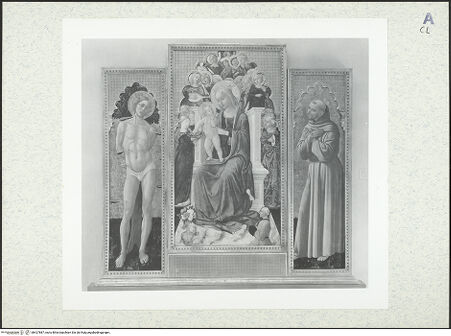 Vorderseite von Museum [https://www.deutsche-digitale-bibliothek.de/content/lizenzen/rv-ez/] Thronende Madonna mit den heiligen Sebastian und Franz von Assisi, Engeln und Stifter - Gesamtansicht, bh427887_recto. Foto.