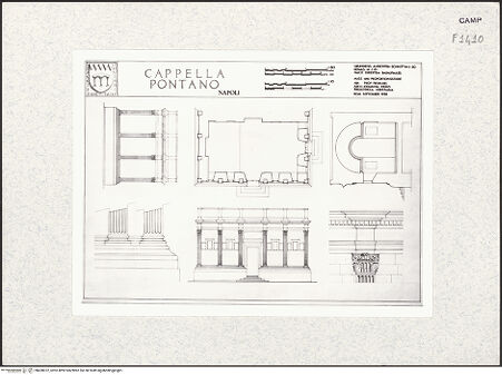 Vorderseite von Bibliotheca Hertziana [https://www.deutsche-digitale-bibliothek.de/content/lizenzen/rv-fz/] Cappella Pontano - Grundriß, Ansichten, Schnitt. Zeichnung: Arch. Johanna Kraus, bh428072_recto. Foto.