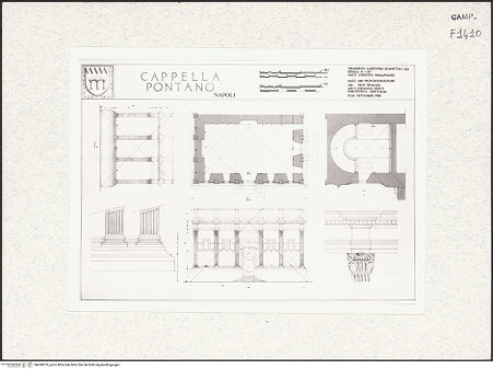 Vorderseite von Bibliotheca Hertziana [https://www.deutsche-digitale-bibliothek.de/content/lizenzen/rv-fz/] Cappella Pontano - Grundriß, Ansichten, Schnitt. Zeichnung: Arch. Johanna Kraus, bh428073_recto. Foto.