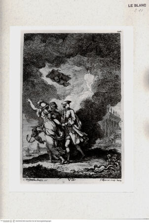 Vorderseite von Hessisches Landesmuseum [http://creativecommons.org/publicdomain/mark/1.0/] Die Abreise: Minerva führt die beiden Rom-Besucher zum Hafen, ein Putto über ihnen trägt die gefüllte Zeichnungsmappe; (Blatt VII der Folge Luis Subleyras "Nella venuta in Roma ...", Rom 1764) - , bh429454. Foto.