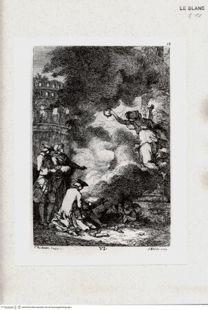 Vorderseite von Hessisches Landesmuseum [http://creativecommons.org/publicdomain/mark/1.0/] Einer der die beiden Rom-Reisenden begleitenden Künstler zeichnet vor dem Kolosseum die Trajanssäule; (Blatt VI der Folge Luis Subleyras "Nella venuta in Roma ...", Rom 1764) - , bh429455. Foto.