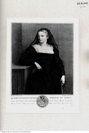 Vorderseite von Bibliotheca Hertziana [http://creativecommons.org/publicdomain/mark/1.0/] Recueil d'Estampes d'après les plus célèbres tableaux de la Galerie Royale de Dresde. I. Volume. Contenant cinquante pieces avec une description de chaque tableau en francois et en italien. ... Imprimé a Dresde M.DCC.LIII.Tafel 11: Frauenbildnis (Caterina Cornaro?) - , bh431745. Foto.