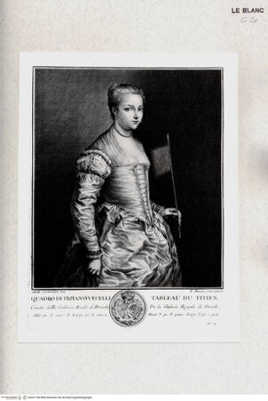 Vorderseite von Bibliotheca Hertziana [http://creativecommons.org/publicdomain/mark/1.0/] Recueil d'Estampes d'après les plus célèbres tableaux de la Galerie Royale de Dresde. I. Volume. Contenant cinquante pieces avec une description de chaque tableau en francois et en italien. ... Imprimé a Dresde M.DCC.LIII.Tafel 12: Bildnis einer Dame in Weiß - , bh431746. Foto.