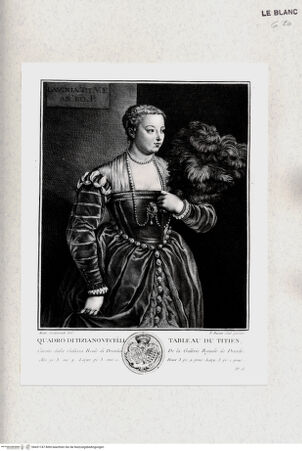 Vorderseite von Bibliotheca Hertziana [http://creativecommons.org/publicdomain/mark/1.0/] Recueil d'Estampes d'après les plus célèbres tableaux de la Galerie Royale de Dresde. I. Volume. Contenant cinquante pieces avec une description de chaque tableau en francois et en italien. ... Imprimé a Dresde M.DCC.LIII.Tafel 13: Bildnis der Lavinia (Vecellio) - , bh431747. Foto.