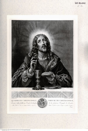 Vorderseite von Bibliotheca Hertziana [http://creativecommons.org/publicdomain/mark/1.0/] Recueil d'Estampes d'après les plus célèbres tableaux de la Galerie Royale de Dresde. I. Volume. Contenant cinquante pieces avec une description de chaque tableau en francois et en italien. ... Imprimé a Dresde M.DCC.LIII.Tafel 41: Christus, Brot und Wein segnend - , bh431804. Foto.
