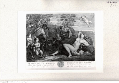 Vorderseite von Bibliotheca Hertziana [http://creativecommons.org/publicdomain/mark/1.0/] Recueil d'Estampes d'après les plus célèbres tableaux de la Galerie Royale de Dresde. I. Volume. Contenant cinquante pieces avec une description de chaque tableau en francois et en italien. ... Imprimé a Dresde M.DCC.LIII.Tafel 39: Ariadne von Bacchus überrascht - , bh431805. Foto.