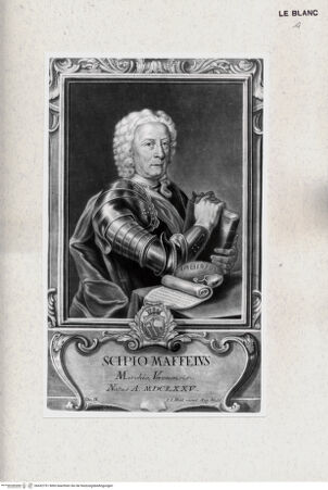 Vorderseite von Umberto Tomba Verona [http://creativecommons.org/publicdomain/mark/1.0/] Bildnis des Scipione Maffei (aus der Serie "Pinacotheca scriptorum nostra aetate litteris illustrium", Augsburg 1741-55?) - , bh432751. Foto.