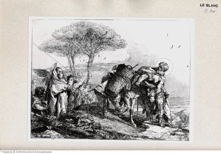 Vorderseite von Tomba, Verona [http://creativecommons.org/publicdomain/mark/1.0/] Maria mit dem Kind, begleitet von den Engeln, folgt Joseph mit dem Esel; (Blatt 25 aus der Serie "Idee pittoresche sopra la Fugga in Egitto...1753", 24 + 3 Blatt) - , bh434059. Foto.