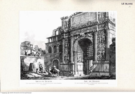 Vorderseite von Umberto Tomba, Verona [http://creativecommons.org/publicdomain/mark/1.0/] Der Trajansbogen in Benevent (aus der Serie von 13 Blättern nach antiken Bauwerken Italiens, gezeichnet von Clérisseau) - , bh434091. Foto.
