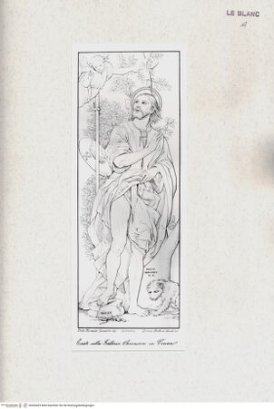 Vorderseite von Umberto Tomba Verona [http://creativecommons.org/publicdomain/mark/1.0/] Der Heilige Rochus (Lithographie) (aus A. Aleardi, Dipinti di Paolo Morando soprannominato il Cavazzola incisi a contorni in litografia da Lorenzo Muttoni colla vita e illustrazioni scritte da A.A., puntata I, Verona 1851) - , bh434429. Foto.