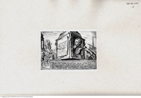 Vorderseite von Göttweig, Graphisches Kabinett [http://creativecommons.org/publicdomain/mark/1.0/] Monument mit Selbstbildnis Heemskercks (im Gegensinn) (Titelblatt zu Ph. Galle, "Memorabiliores Judaicae geatis clades" und "Septem orbis miracula") - , bh434548. Foto.