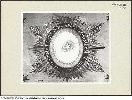 Vorderseite von Sopr BAS ROMA [https://www.deutsche-digitale-bibliothek.de/content/lizenzen/rv-ez/] San Lorenzo in LucinaCapella di San Giovanni Nepomuceno - Gewölbe, Ausschnitt: Oculus mit Strahlenkranz, bh435711_recto. Foto.