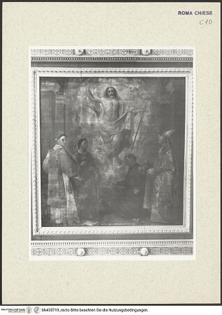 Vorderseite von Sopr BAS ROMA [https://www.deutsche-digitale-bibliothek.de/content/lizenzen/rv-ez/] HolzdeckeDer auferstandene Christus mit Heiligen - Gesamtansicht, bh435719_recto. Foto.