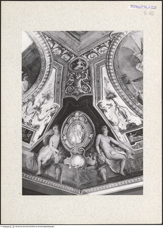 Vorderseite von Bibliotheca Hertziana [https://www.deutsche-digitale-bibliothek.de/content/lizenzen/rv-fz/] Personifikationen der Künste (Mitte) und Wissenschaften (Außenfelder) - Gewölbeecke zwischen Medicina und Scientia, bh436209_recto. Foto.