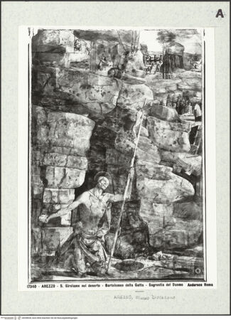 Vorderseite von Alinari [https://www.deutsche-digitale-bibliothek.de/content/lizenzen/rv-ez/] Der heilige Hieronymus in der Wüste und Szenen aus seinem Leben - Gesamtansicht, bh438028_recto. Foto.