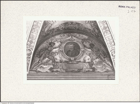 Vorderseite von Bibliotheca Hertziana [https://www.deutsche-digitale-bibliothek.de/content/lizenzen/rv-fz/] Allegorischer Tageszeitenzyklus und KünstlerporträtsStichkappe mit dem Porträt Palestrinas und einem Notenauszug aus dessen Stabat Mater - nach der Restaurierung im Januar 1991, bh438045_recto. Foto.